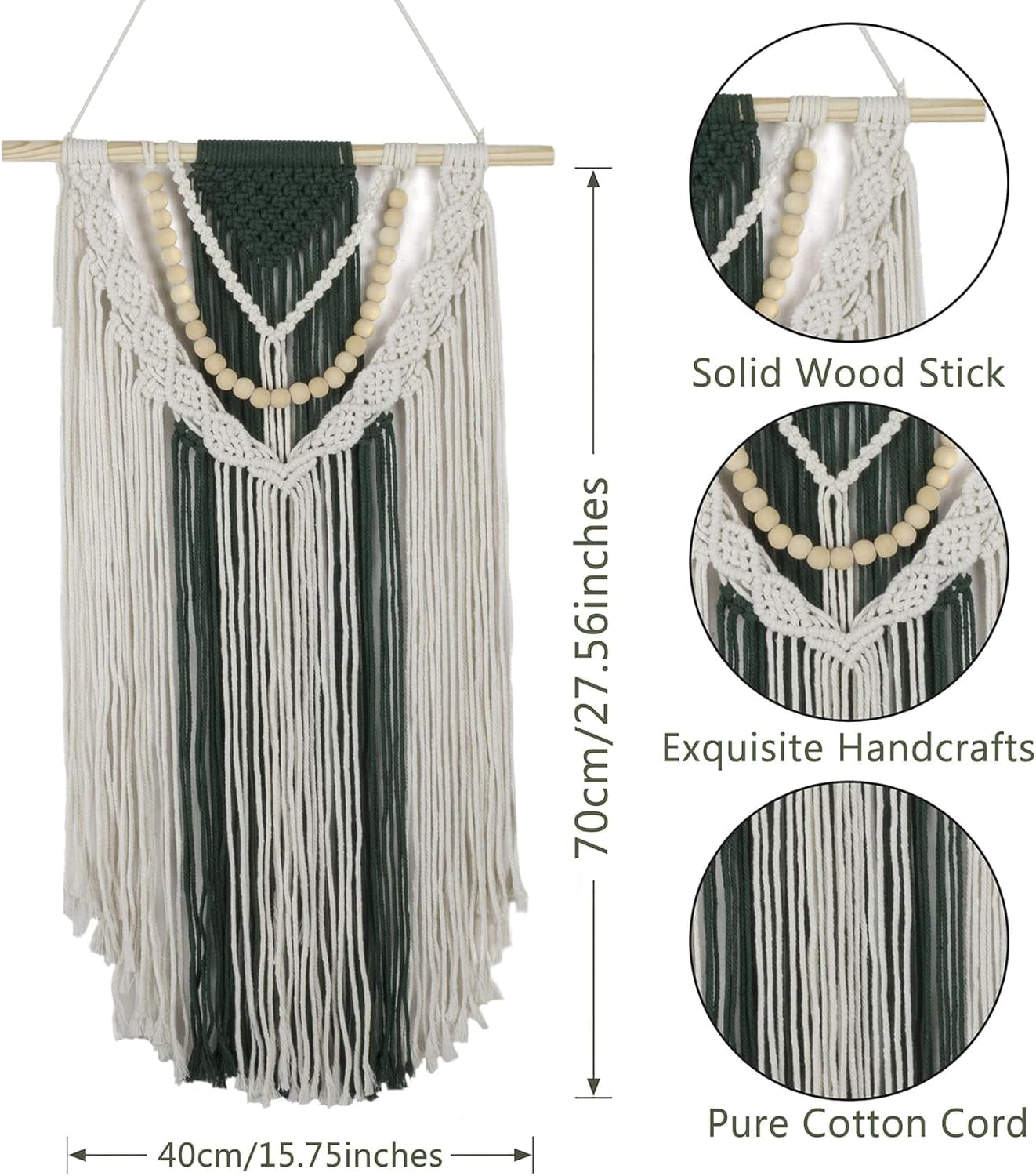 Tapiz Macramé Boho Verde con Cuentas 70x40 cm