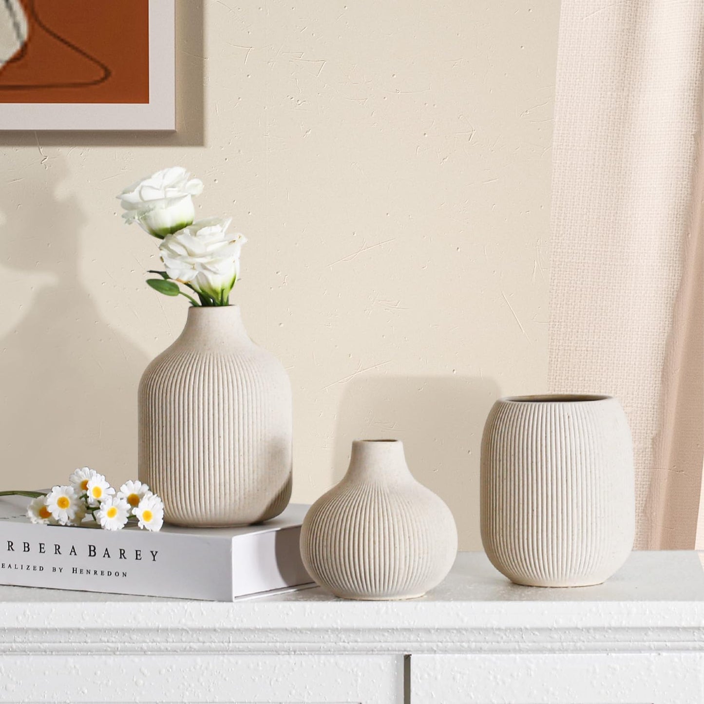 Set de 3 Jarrones Cerámicos Beige Modernos
