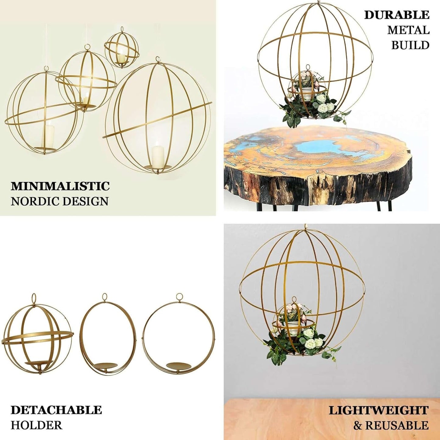 Esfera Geométrica Colgante de Hierro Dorado 63 cm – Porta Florero Decorativo Plegable