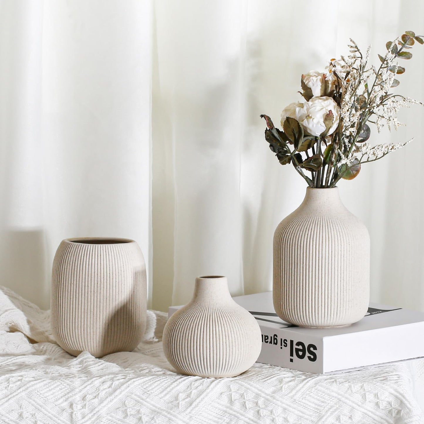 Set de 3 Jarrones Cerámicos Beige Modernos