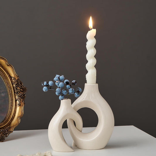 Set Candelabros Cerámica Blanco Modernos