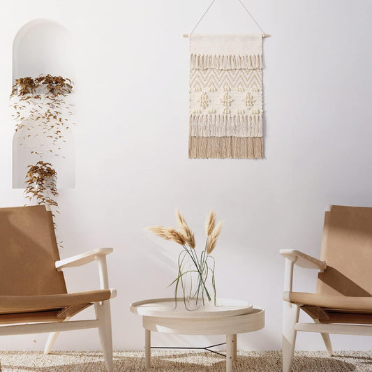 Tapiz Macramé Geométrico con Borla y Bolita de Lana