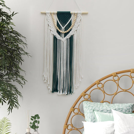 Tapiz Macramé Boho Verde con Cuentas 70x40 cm