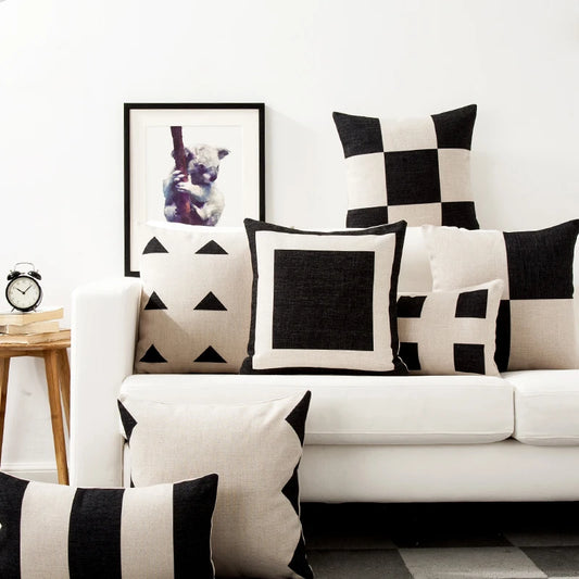 Funda de Almohadón Geométrica Blanco y Negro Estilo Nórdico – Lino 45x45 cm