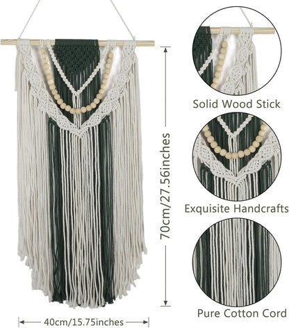 Tapiz Macramé Boho Verde con Cuentas 70x40 cm