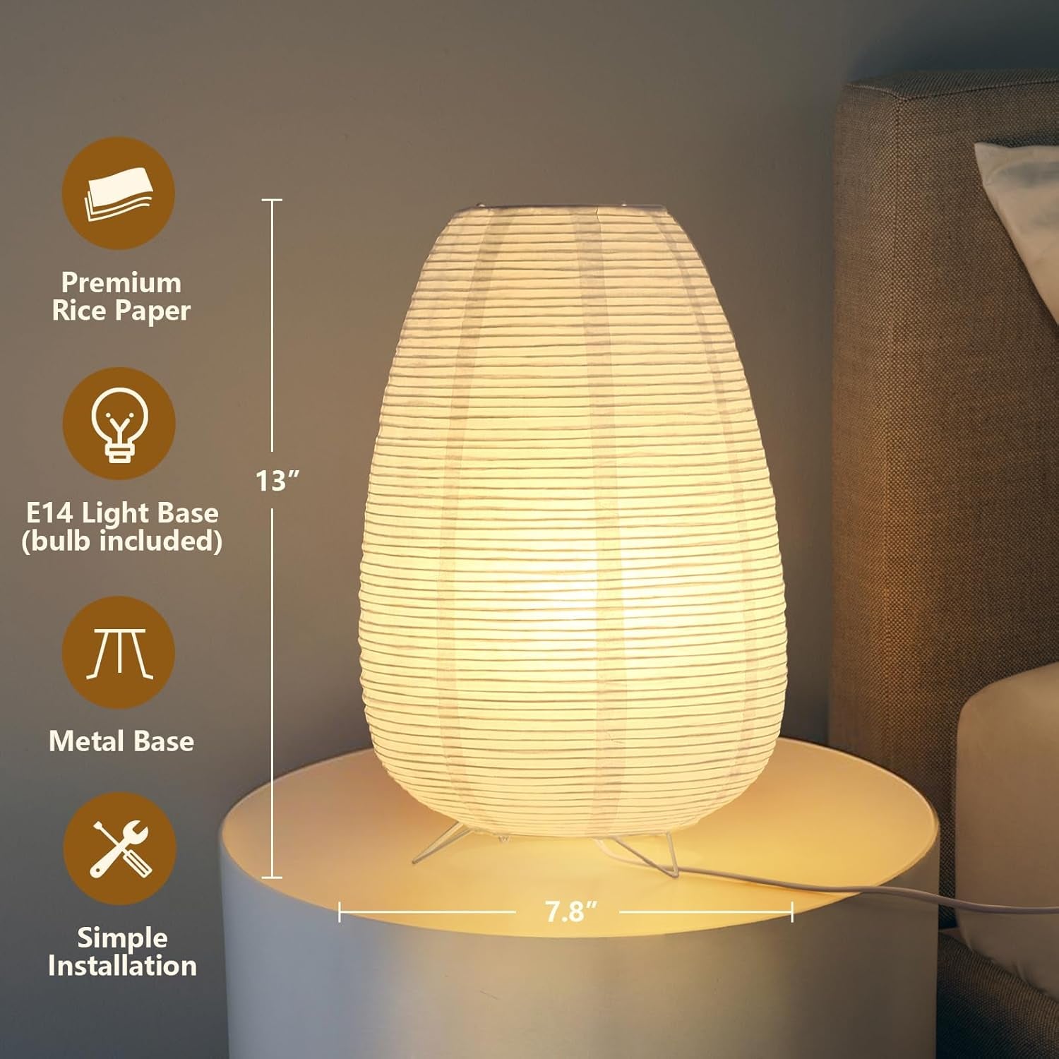 Lámpara de Mesa de Papel de Arroz Estilo Japonés – Luz de 3 Colores Wabi-Sabi con Bombilla Incluida