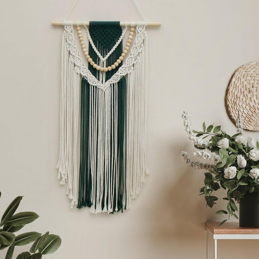 Tapiz Macramé Boho Verde con Cuentas 70x40 cm