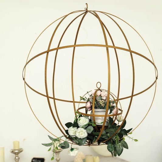 Esfera Geométrica Colgante de Hierro Dorado 63 cm – Porta Florero Decorativo Plegable