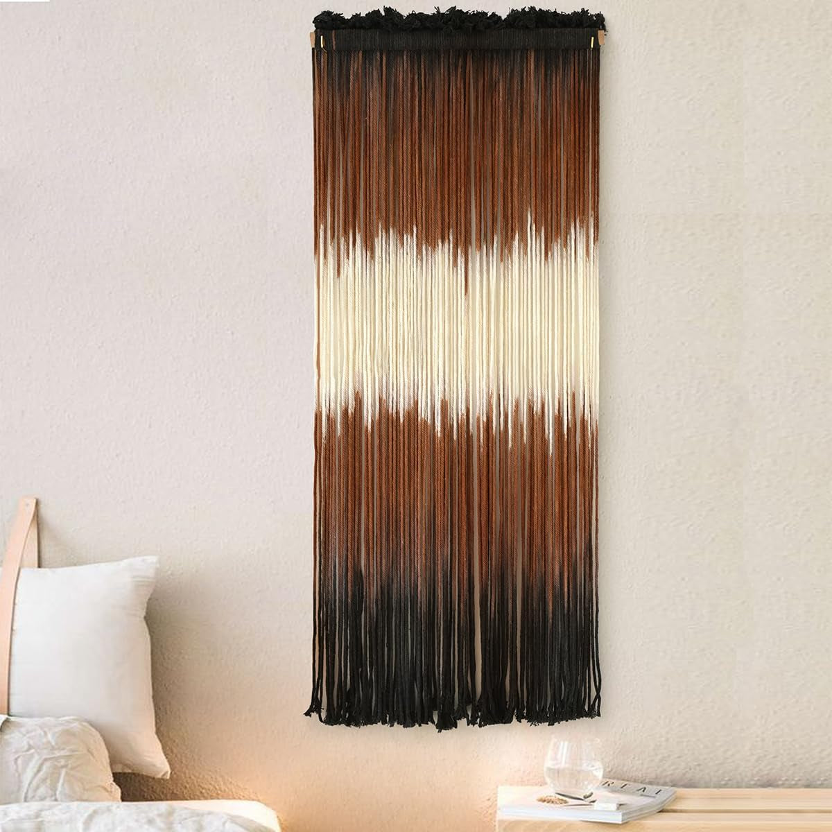 Tapiz Macramé Marrón Boho con Flecos 38x110 cm