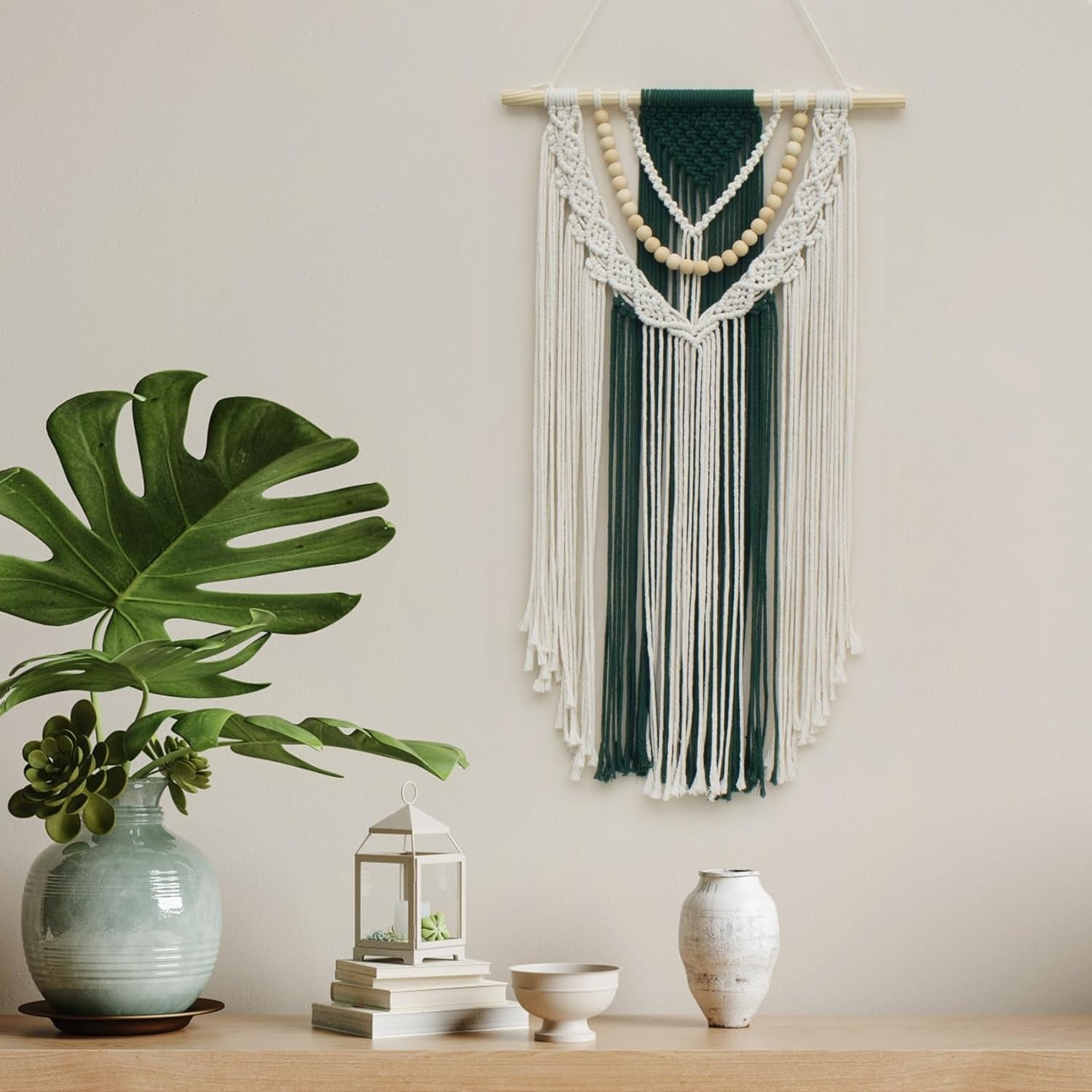 Tapiz Macramé Boho Verde con Cuentas 70x40 cm