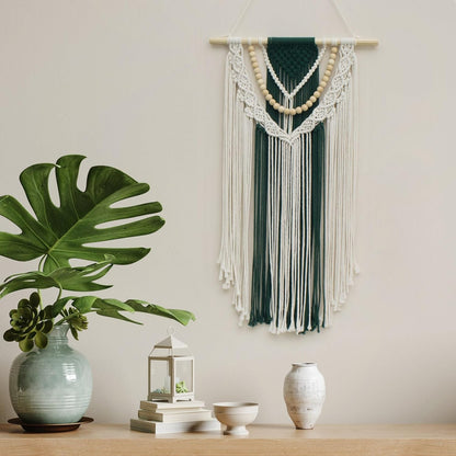 Tapiz Macramé Boho Verde con Cuentas 70x40 cm