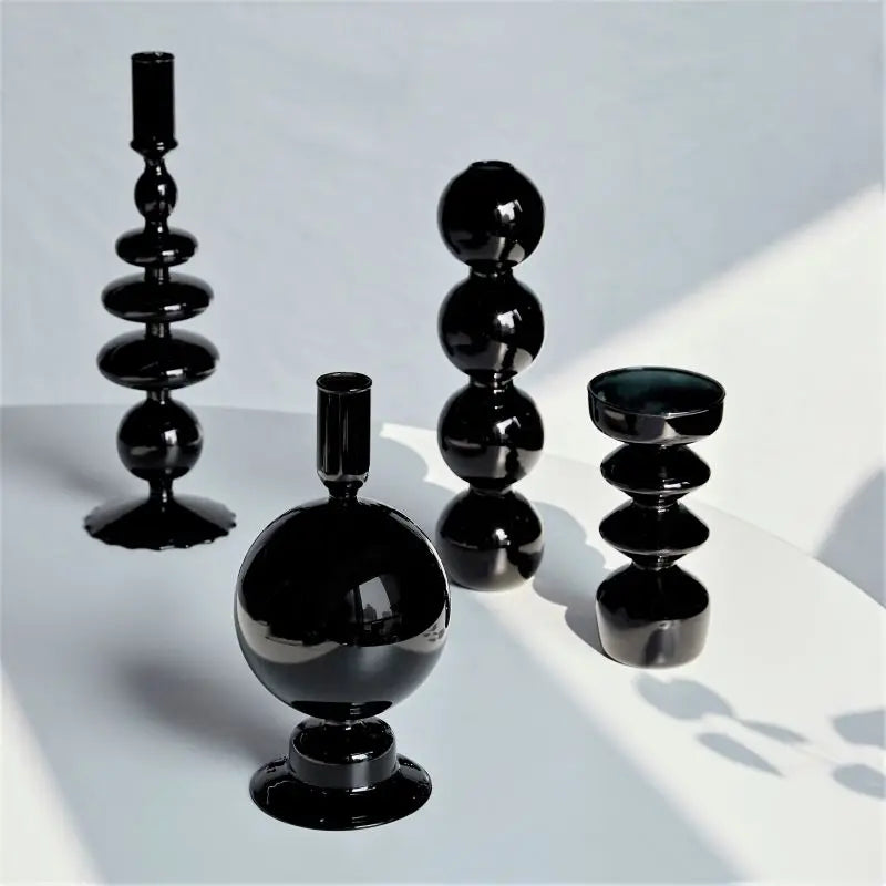 Florero de Vidrio Negro Creativo – Portavelas Decorativo Nórdico para Escritorio y Hogar