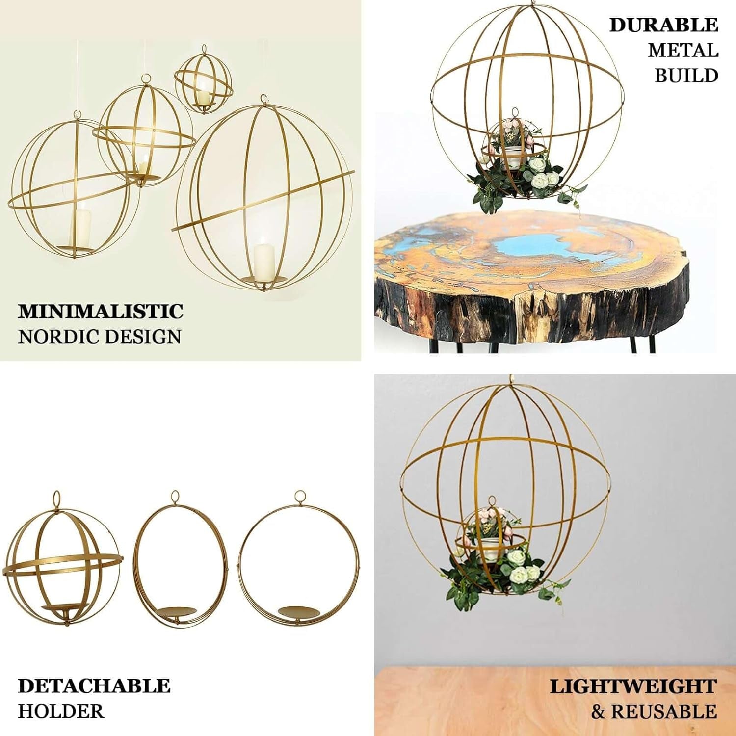 Esfera Geométrica Colgante de Hierro Dorado 63 cm – Porta Florero Decorativo Plegable