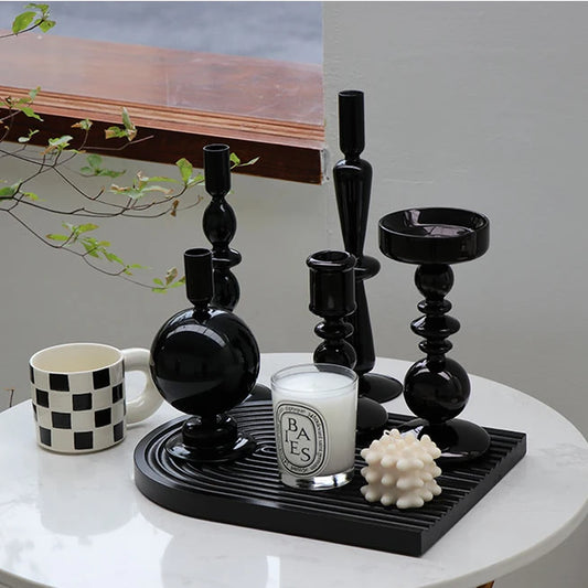 Florero de Vidrio Negro Creativo – Portavelas Decorativo Nórdico para Escritorio y Hogar