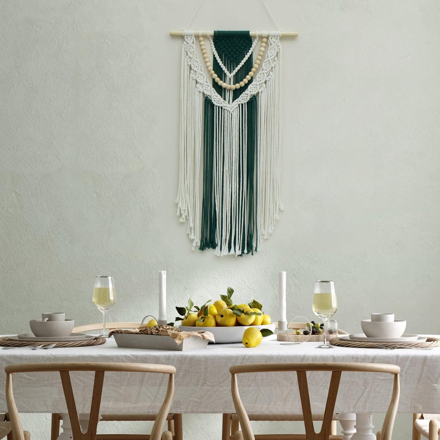 Tapiz Macramé Boho Verde con Cuentas 70x40 cm