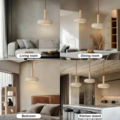 Colgante Piedra Natural y Madera Redondo LED