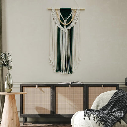 Tapiz Macramé Boho Verde con Cuentas 70x40 cm