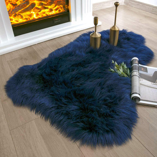 Alfombra de Piel Sintética Ultrasuave Ashler 60x90 cm – Azul Marino, Lavable, Ideal Dormitorio y Living
