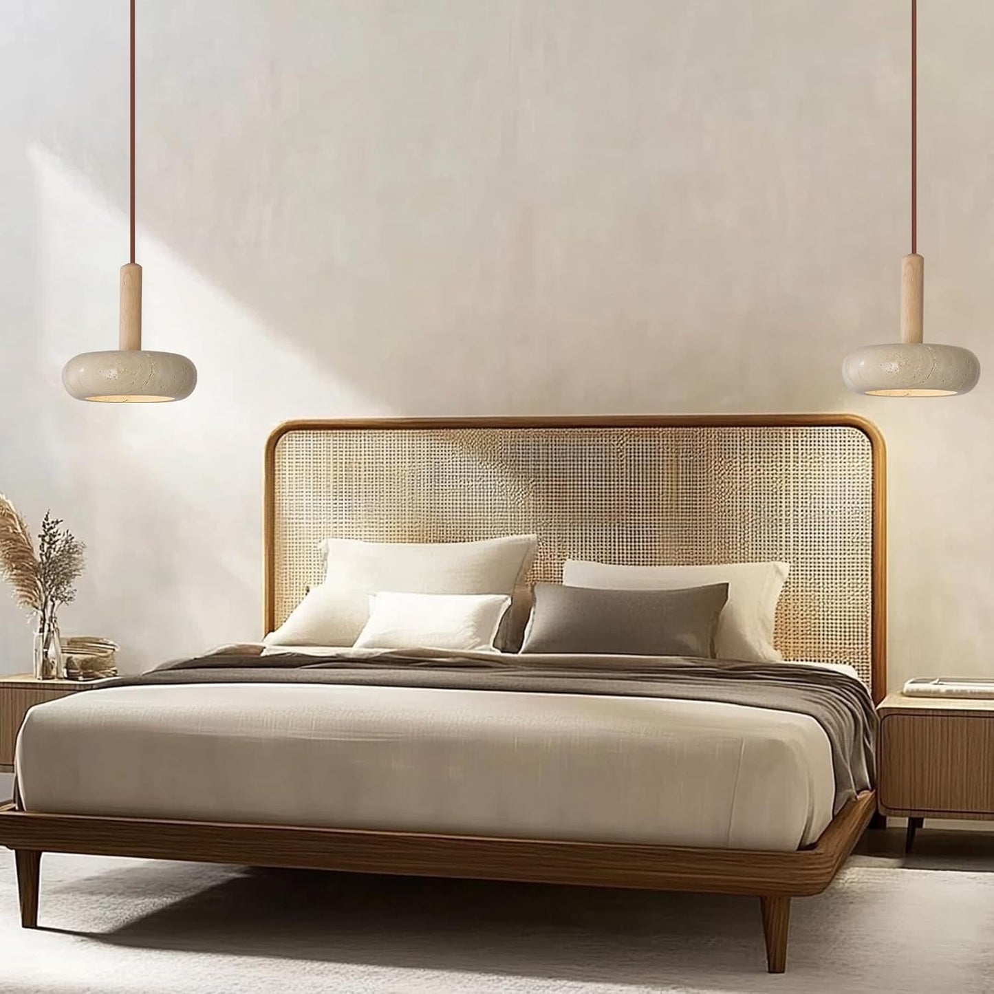 Colgante Piedra Natural y Madera Redondo LED