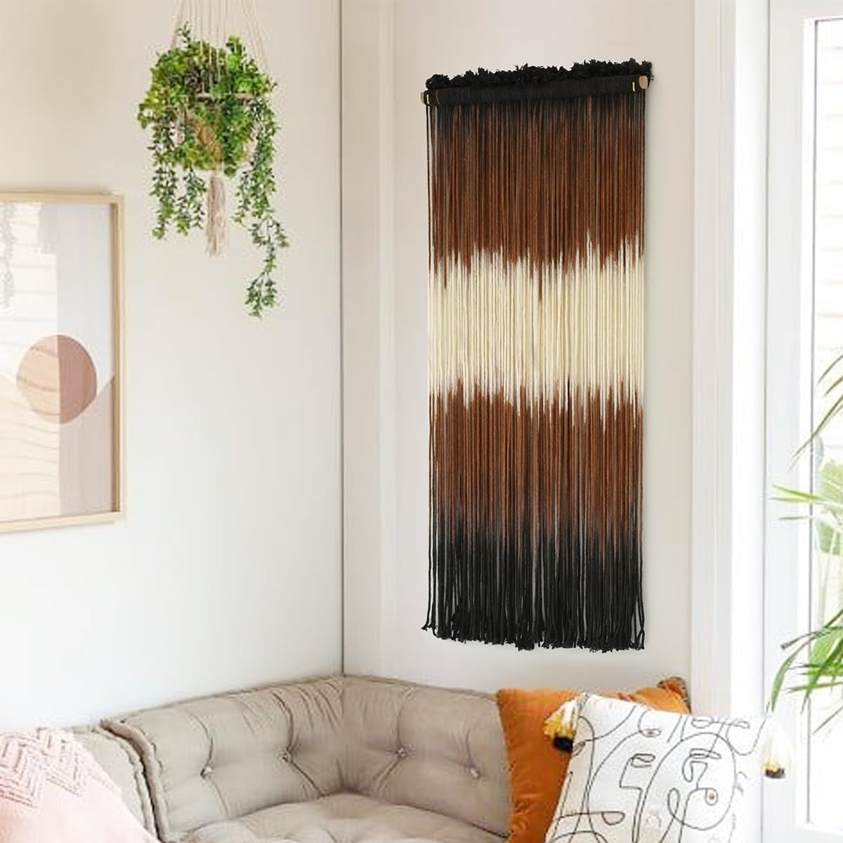 Tapiz Macramé Marrón Boho con Flecos 38x110 cm