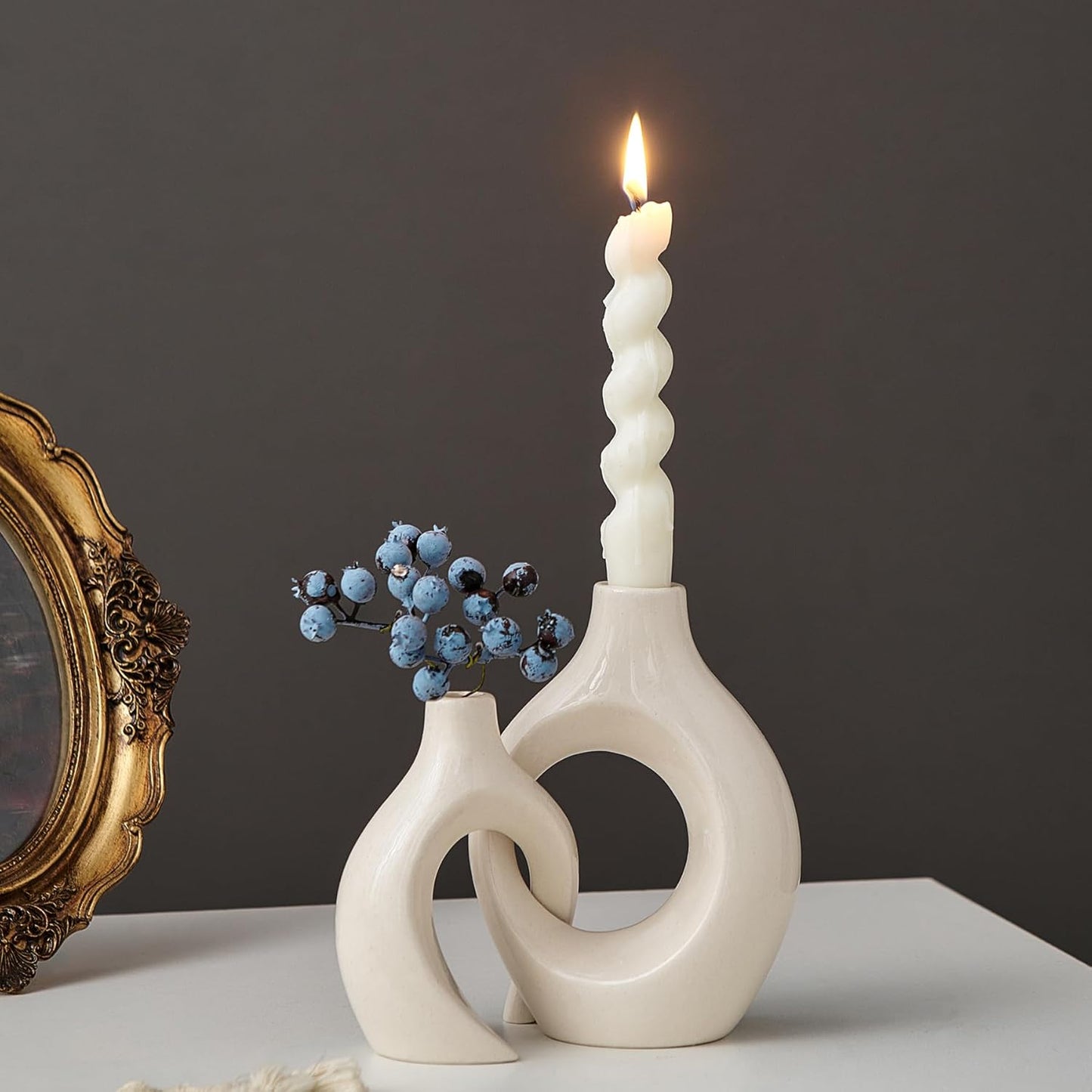 Set Candelabros Cerámica Blanco Modernos