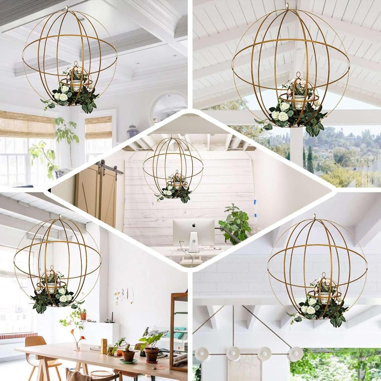 Esfera Geométrica Colgante de Hierro Dorado 63 cm – Porta Florero Decorativo Plegable
