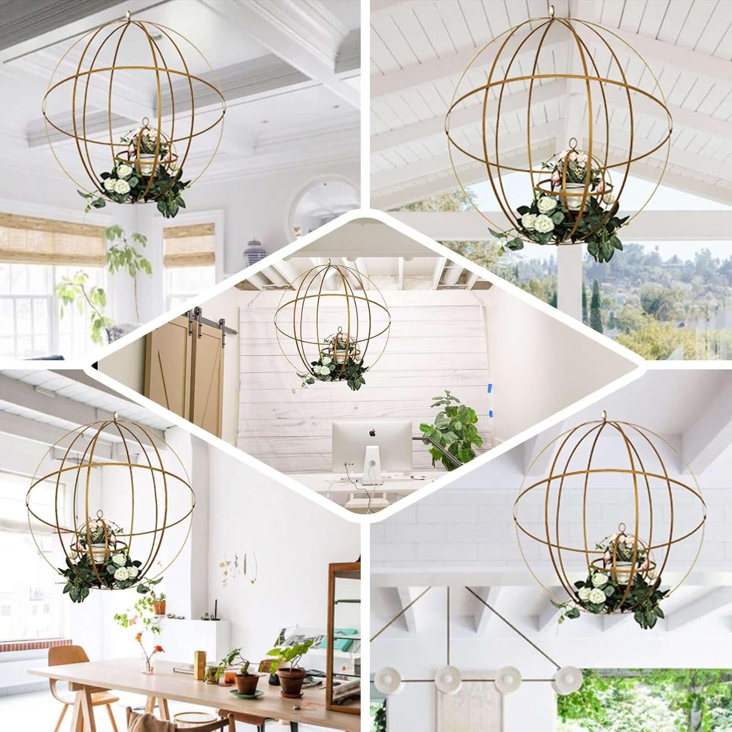 Esfera Geométrica Colgante de Hierro Dorado 63 cm – Porta Florero Decorativo Plegable