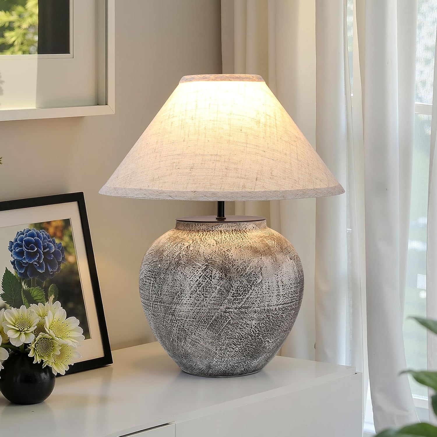 Lámpara Mesa Cerámica Blanca Vintage