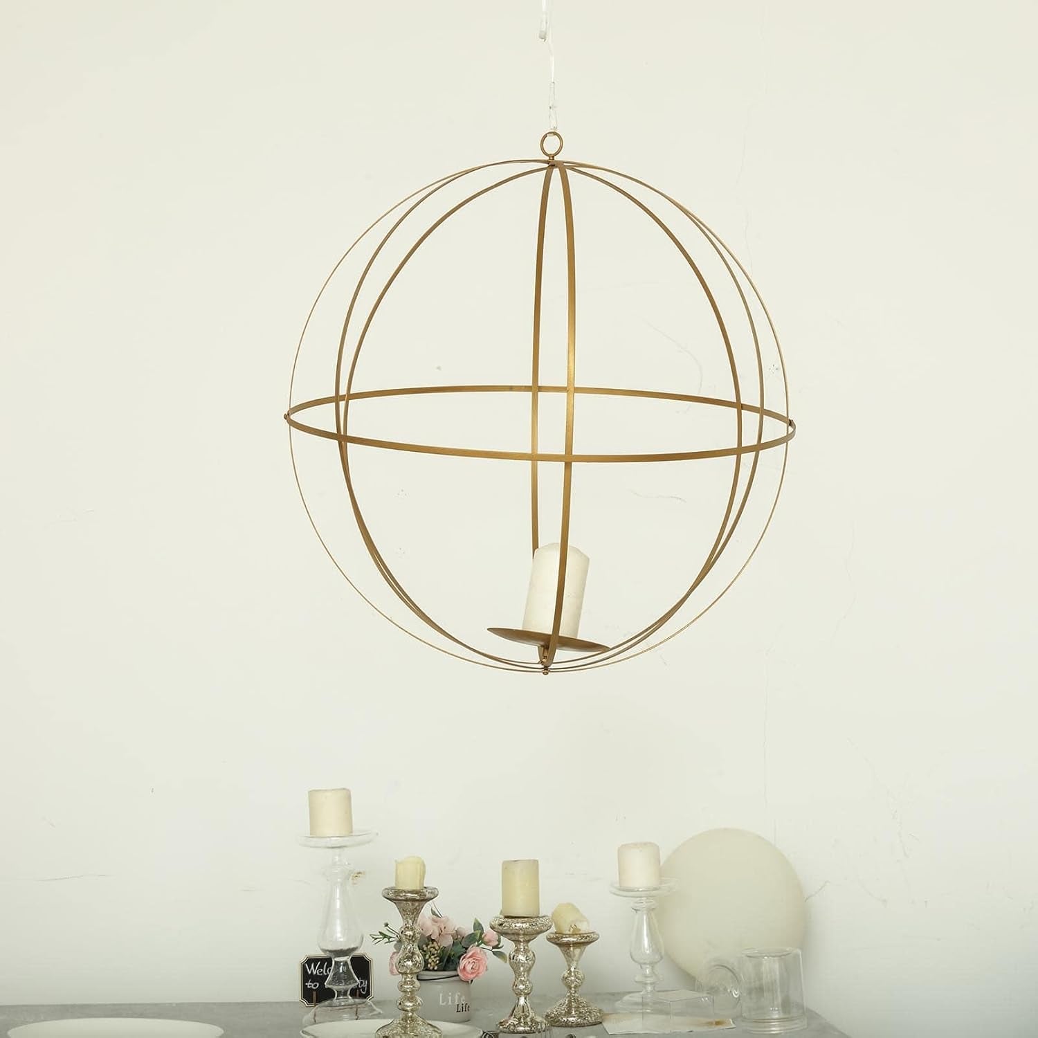Esfera Geométrica Colgante de Hierro Dorado 63 cm – Porta Florero Decorativo Plegable
