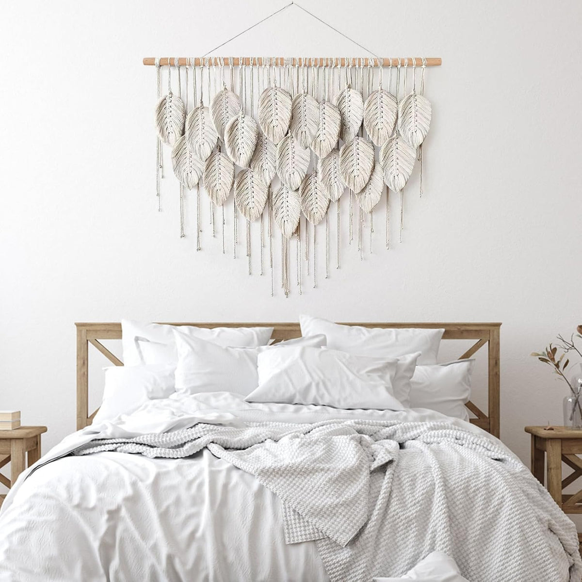 Tapiz De Macramé Bohemio 150 Cm - Con Perlas De Madera Y Hojas, Decoración Para Pared