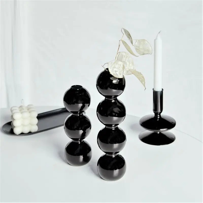 Florero de Vidrio Negro Creativo – Portavelas Decorativo Nórdico para Escritorio y Hogar