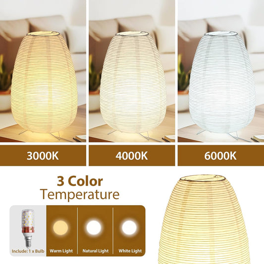 Lámpara de Mesa de Papel de Arroz Estilo Japonés – Luz de 3 Colores Wabi-Sabi con Bombilla Incluida