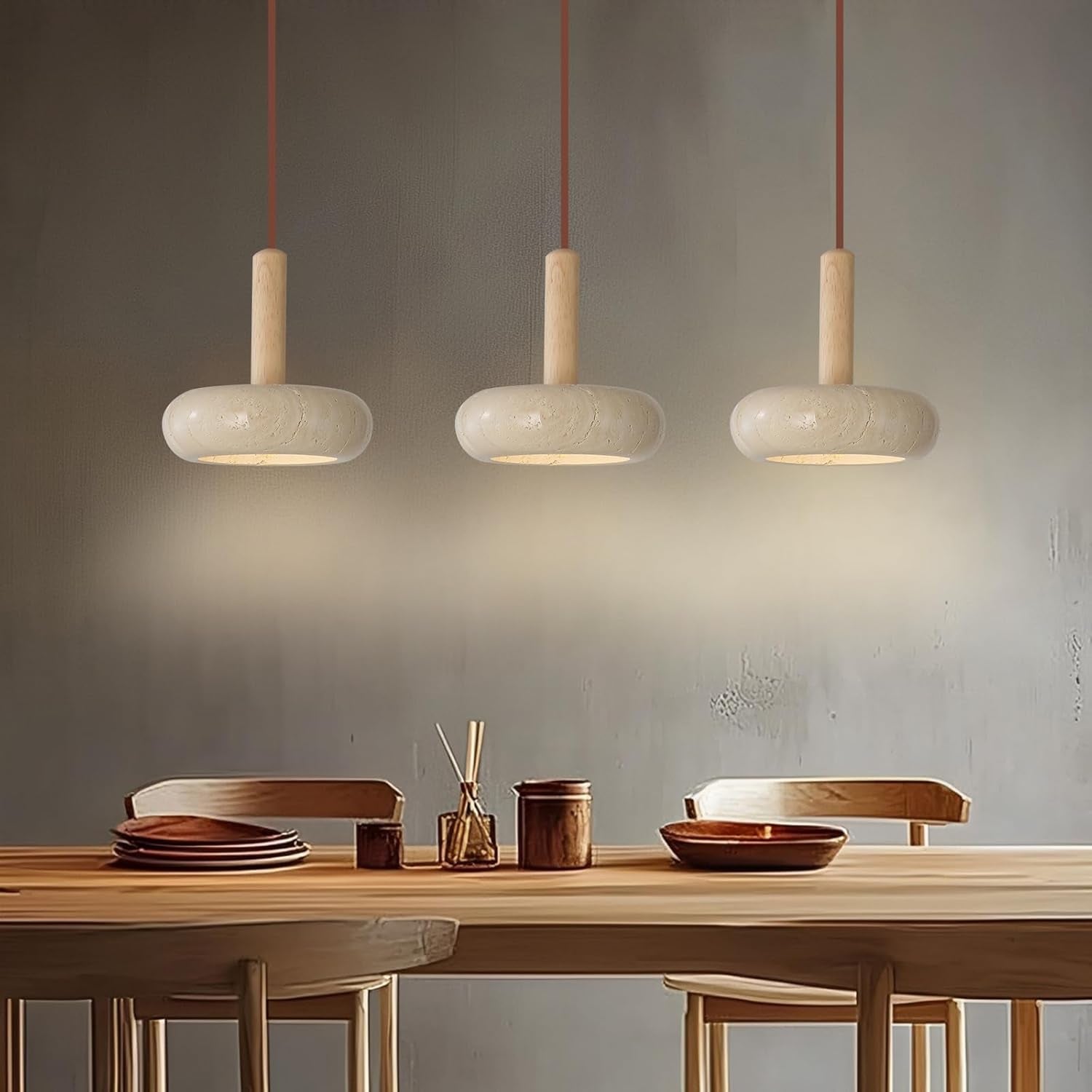 Colgante Piedra Natural y Madera Redondo LED