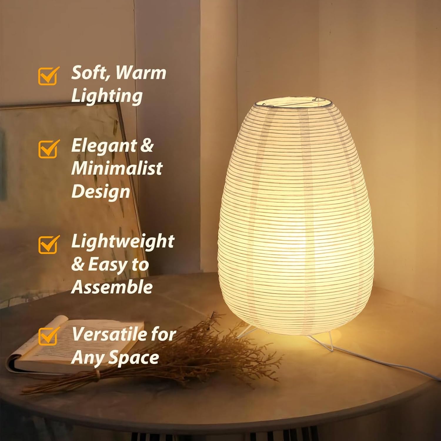 Lámpara de Mesa de Papel de Arroz Estilo Japonés – Luz de 3 Colores Wabi-Sabi con Bombilla Incluida